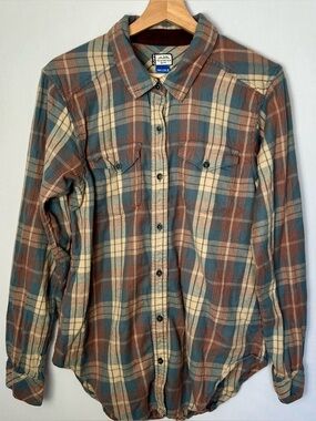 KAVU Shirt Womens Medium Blue Multi Plaid Flannel Elbow Patch Cotton Outdoor
